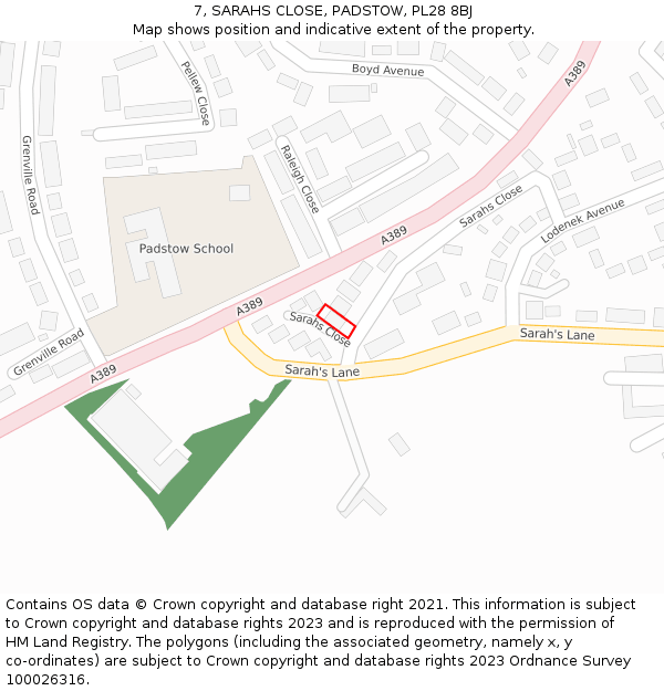 7, SARAHS CLOSE, PADSTOW, PL28 8BJ: Location map and indicative extent of plot