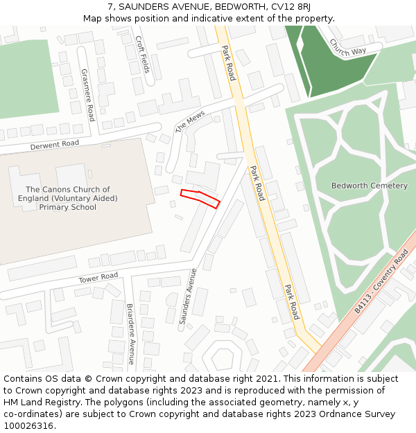 7, SAUNDERS AVENUE, BEDWORTH, CV12 8RJ: Location map and indicative extent of plot