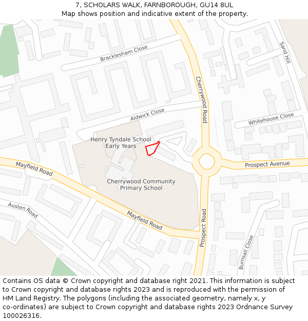 7, SCHOLARS WALK, FARNBOROUGH, GU14 8UL: Location map and indicative extent of plot
