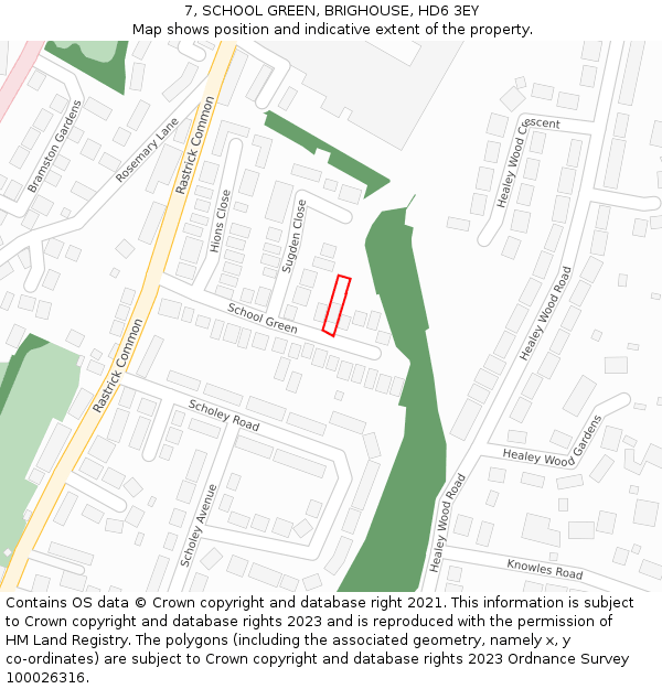 7, SCHOOL GREEN, BRIGHOUSE, HD6 3EY: Location map and indicative extent of plot