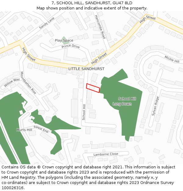 7, SCHOOL HILL, SANDHURST, GU47 8LD: Location map and indicative extent of plot