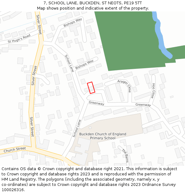 7, SCHOOL LANE, BUCKDEN, ST NEOTS, PE19 5TT: Location map and indicative extent of plot