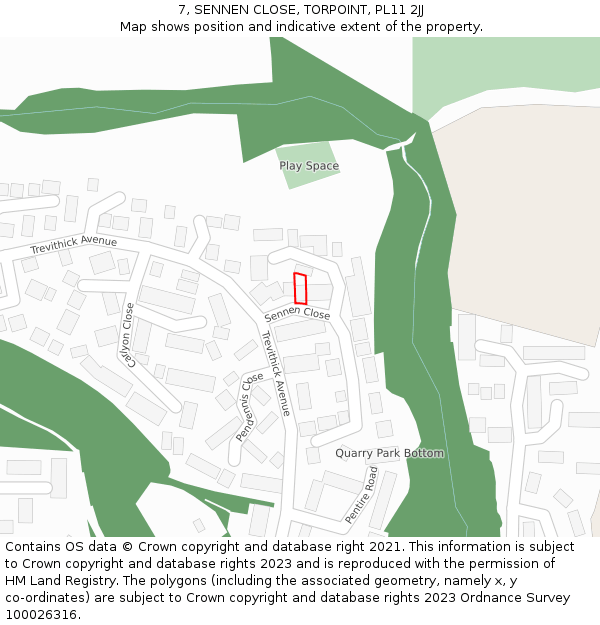 7, SENNEN CLOSE, TORPOINT, PL11 2JJ: Location map and indicative extent of plot