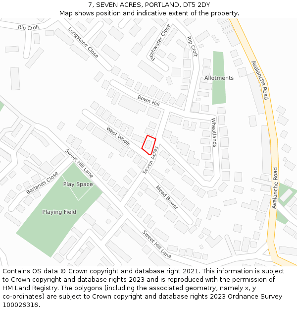 7, SEVEN ACRES, PORTLAND, DT5 2DY: Location map and indicative extent of plot