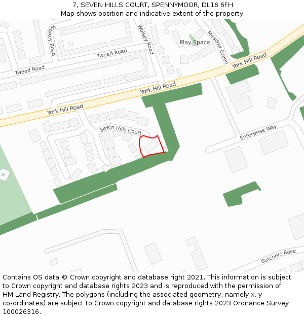 7, SEVEN HILLS COURT, SPENNYMOOR, DL16 6FH: Location map and indicative extent of plot