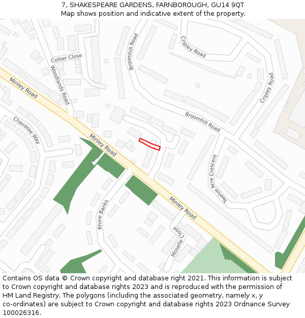 7, SHAKESPEARE GARDENS, FARNBOROUGH, GU14 9QT: Location map and indicative extent of plot