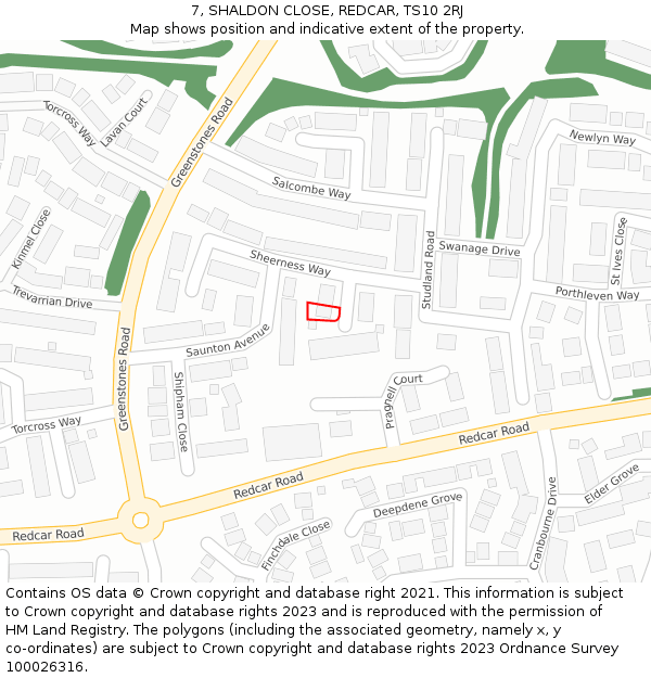 7, SHALDON CLOSE, REDCAR, TS10 2RJ: Location map and indicative extent of plot