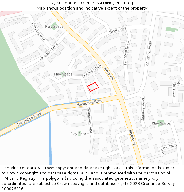 7, SHEARERS DRIVE, SPALDING, PE11 3ZJ: Location map and indicative extent of plot