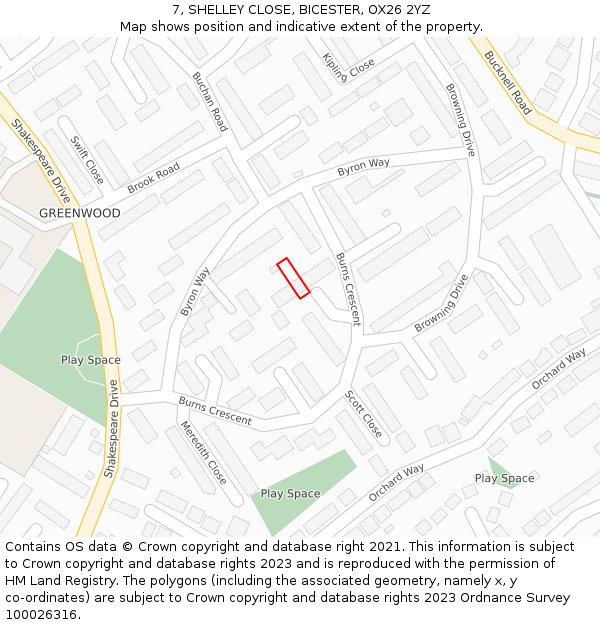 7, SHELLEY CLOSE, BICESTER, OX26 2YZ: Location map and indicative extent of plot