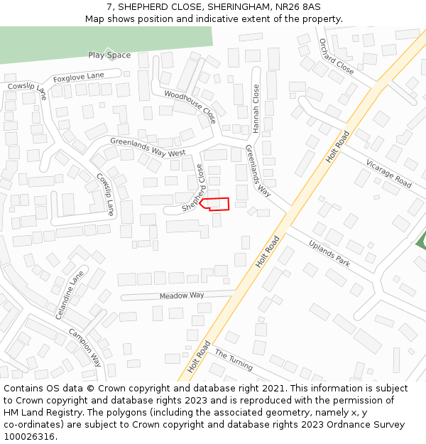 7, SHEPHERD CLOSE, SHERINGHAM, NR26 8AS: Location map and indicative extent of plot