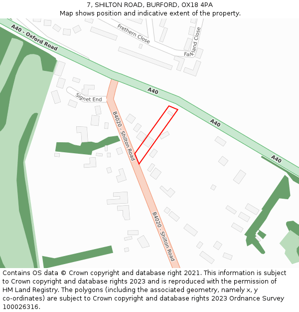 7, SHILTON ROAD, BURFORD, OX18 4PA: Location map and indicative extent of plot