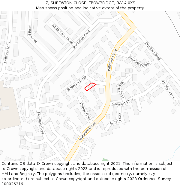 7, SHREWTON CLOSE, TROWBRIDGE, BA14 0XS: Location map and indicative extent of plot