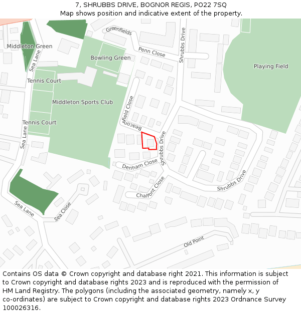 7, SHRUBBS DRIVE, BOGNOR REGIS, PO22 7SQ: Location map and indicative extent of plot