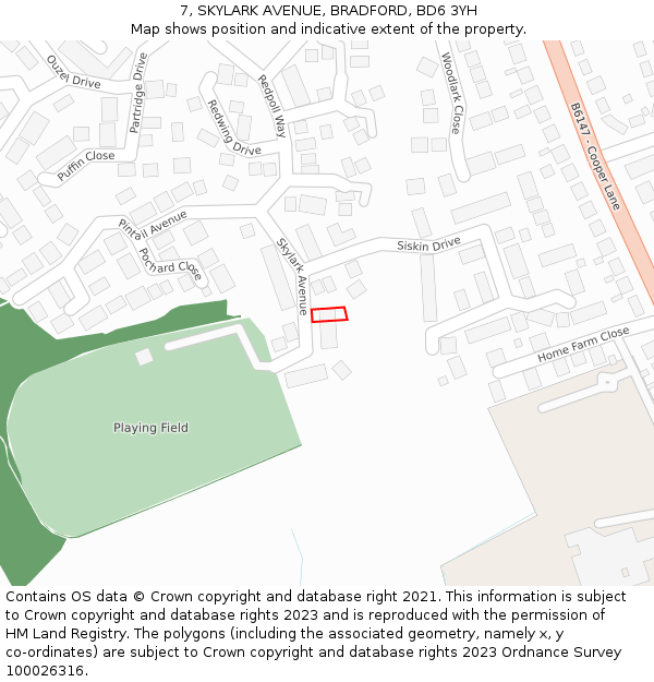 7, SKYLARK AVENUE, BRADFORD, BD6 3YH: Location map and indicative extent of plot