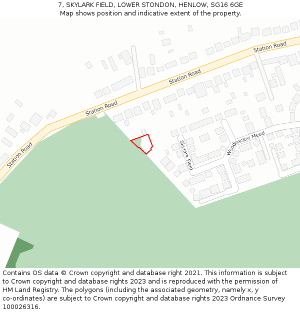 7, SKYLARK FIELD, LOWER STONDON, HENLOW, SG16 6GE: Location map and indicative extent of plot