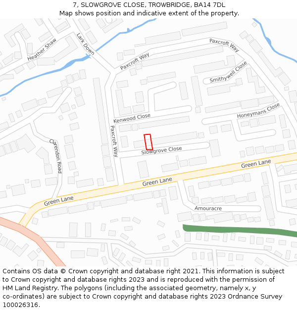 7, SLOWGROVE CLOSE, TROWBRIDGE, BA14 7DL: Location map and indicative extent of plot