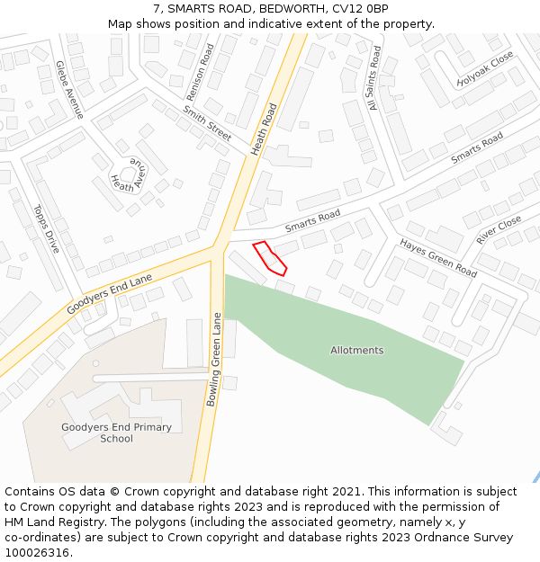 7, SMARTS ROAD, BEDWORTH, CV12 0BP: Location map and indicative extent of plot