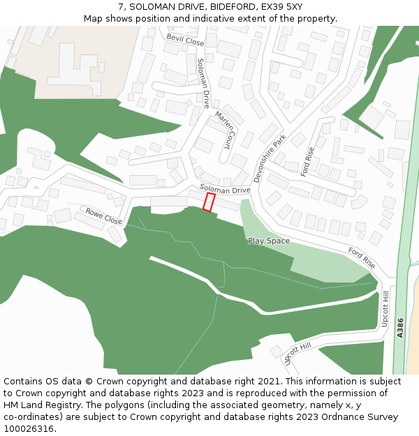 7, SOLOMAN DRIVE, BIDEFORD, EX39 5XY: Location map and indicative extent of plot