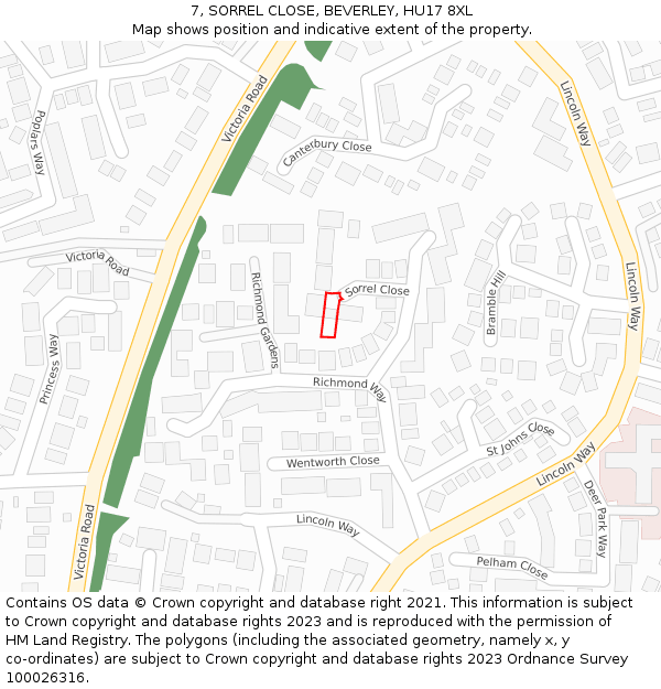 7, SORREL CLOSE, BEVERLEY, HU17 8XL: Location map and indicative extent of plot