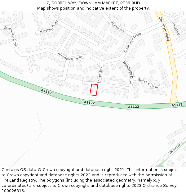 7, SORREL WAY, DOWNHAM MARKET, PE38 9UD: Location map and indicative extent of plot