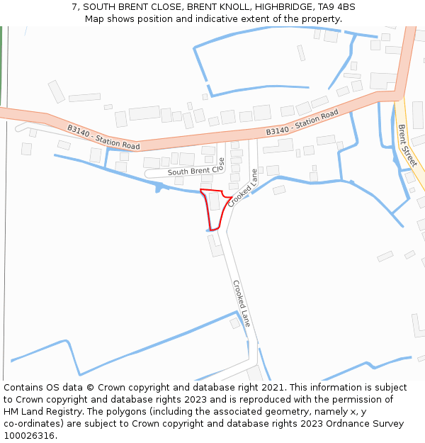 7, SOUTH BRENT CLOSE, BRENT KNOLL, HIGHBRIDGE, TA9 4BS: Location map and indicative extent of plot