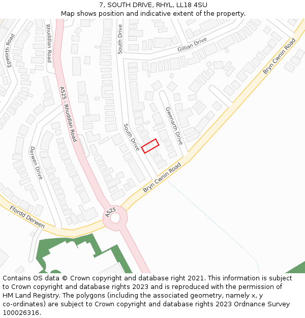 7, SOUTH DRIVE, RHYL, LL18 4SU: Location map and indicative extent of plot