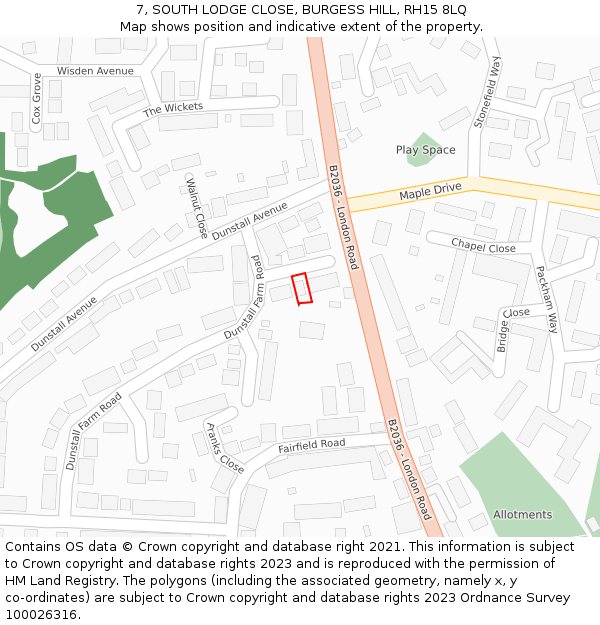 7, SOUTH LODGE CLOSE, BURGESS HILL, RH15 8LQ: Location map and indicative extent of plot