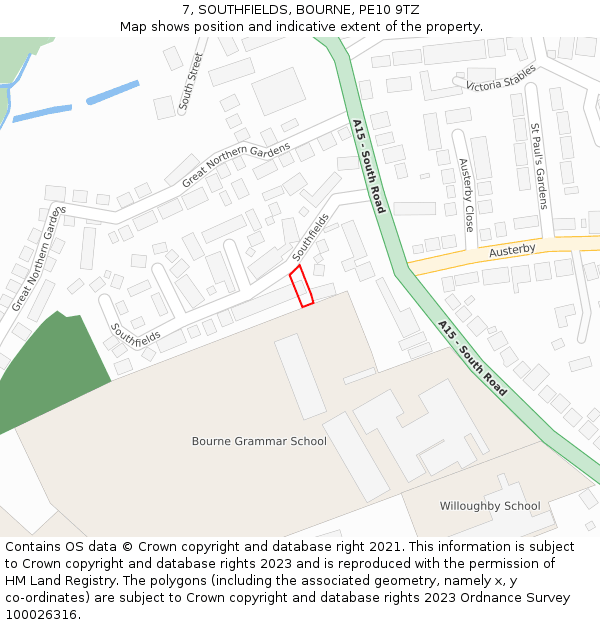 7, SOUTHFIELDS, BOURNE, PE10 9TZ: Location map and indicative extent of plot