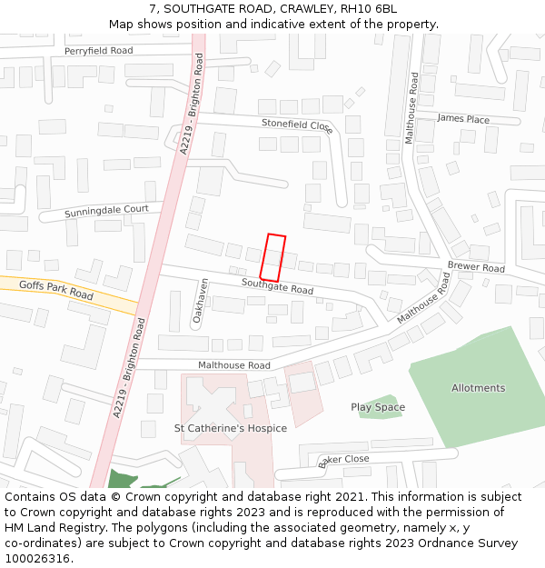 7, SOUTHGATE ROAD, CRAWLEY, RH10 6BL: Location map and indicative extent of plot