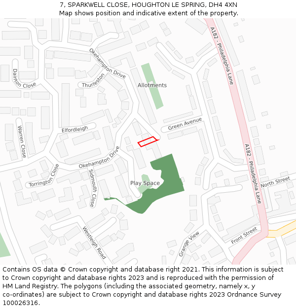 7, SPARKWELL CLOSE, HOUGHTON LE SPRING, DH4 4XN: Location map and indicative extent of plot