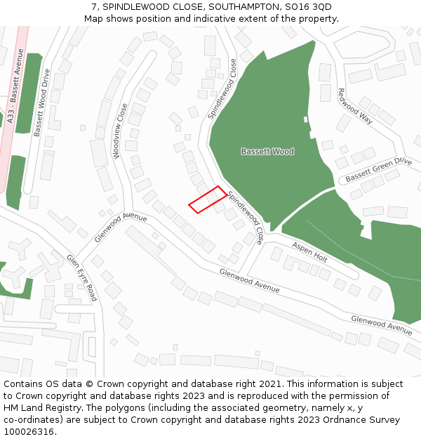 7, SPINDLEWOOD CLOSE, SOUTHAMPTON, SO16 3QD: Location map and indicative extent of plot