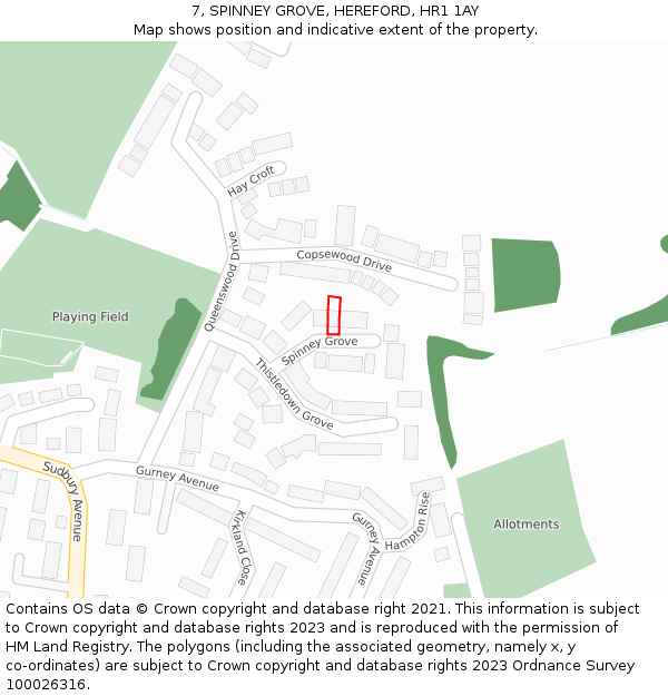 7, SPINNEY GROVE, HEREFORD, HR1 1AY: Location map and indicative extent of plot