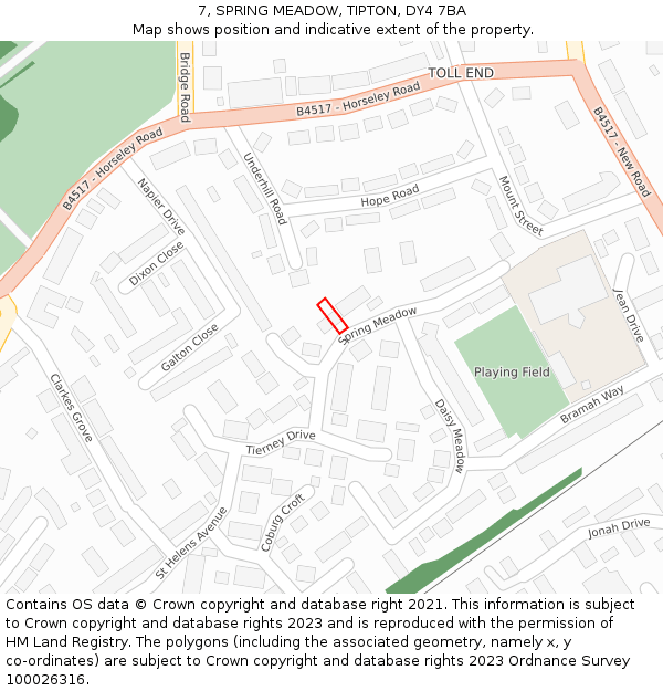 7, SPRING MEADOW, TIPTON, DY4 7BA: Location map and indicative extent of plot