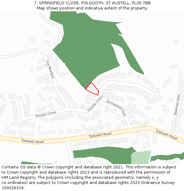 7, SPRINGFIELD CLOSE, POLGOOTH, ST AUSTELL, PL26 7BB: Location map and indicative extent of plot