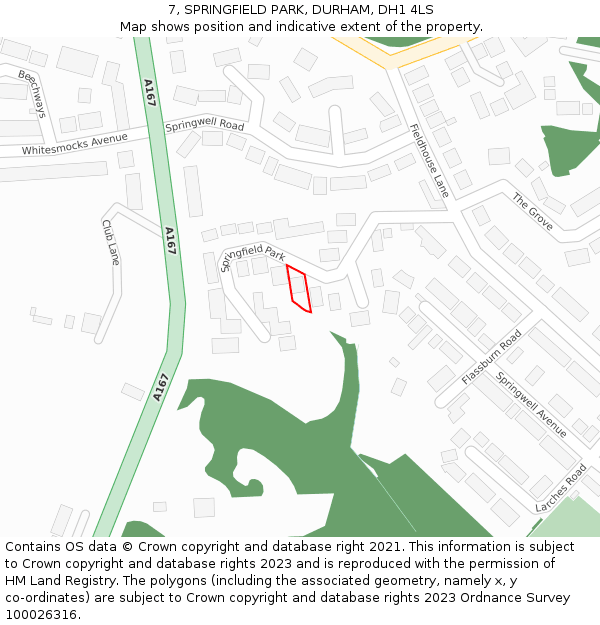 7, SPRINGFIELD PARK, DURHAM, DH1 4LS: Location map and indicative extent of plot