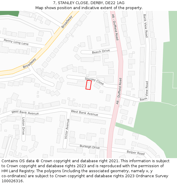 7, STANLEY CLOSE, DERBY, DE22 1AG: Location map and indicative extent of plot