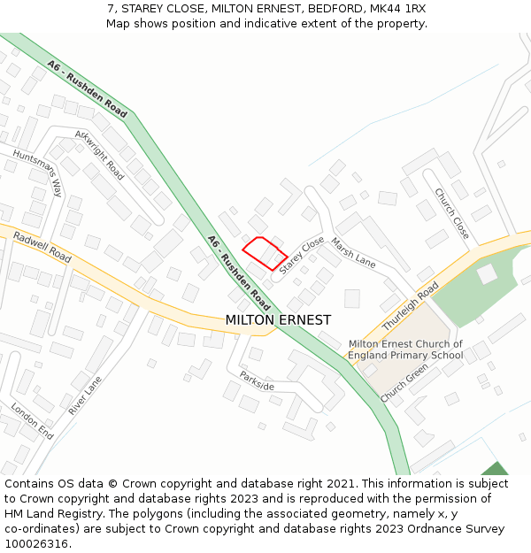 7, STAREY CLOSE, MILTON ERNEST, BEDFORD, MK44 1RX: Location map and indicative extent of plot