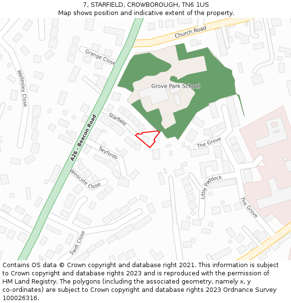 7, STARFIELD, CROWBOROUGH, TN6 1US: Location map and indicative extent of plot