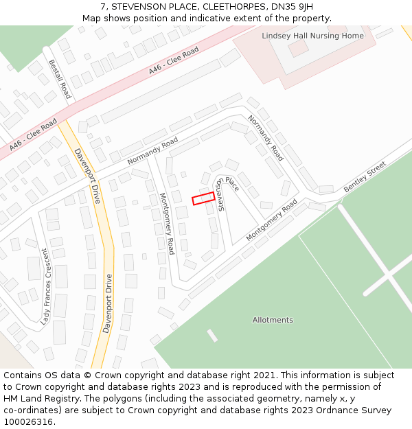 7, STEVENSON PLACE, CLEETHORPES, DN35 9JH: Location map and indicative extent of plot