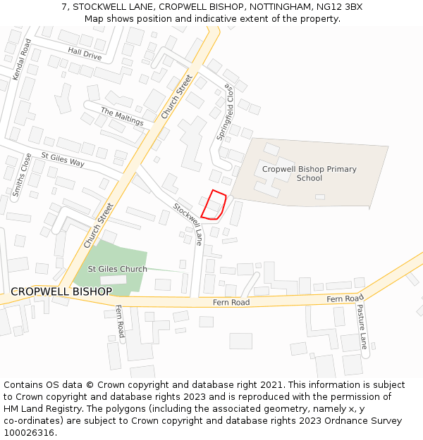 7, STOCKWELL LANE, CROPWELL BISHOP, NOTTINGHAM, NG12 3BX: Location map and indicative extent of plot