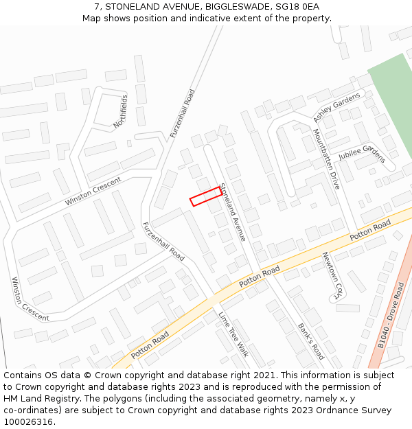 7, STONELAND AVENUE, BIGGLESWADE, SG18 0EA: Location map and indicative extent of plot