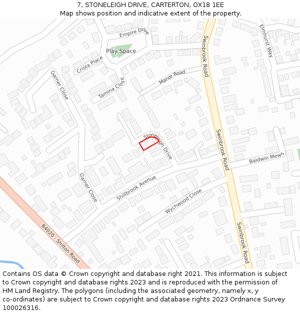 7, STONELEIGH DRIVE, CARTERTON, OX18 1EE: Location map and indicative extent of plot