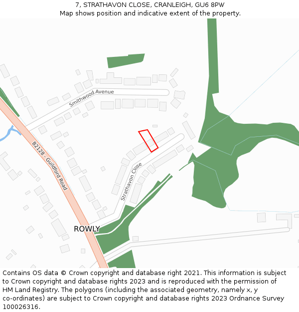 7, STRATHAVON CLOSE, CRANLEIGH, GU6 8PW: Location map and indicative extent of plot