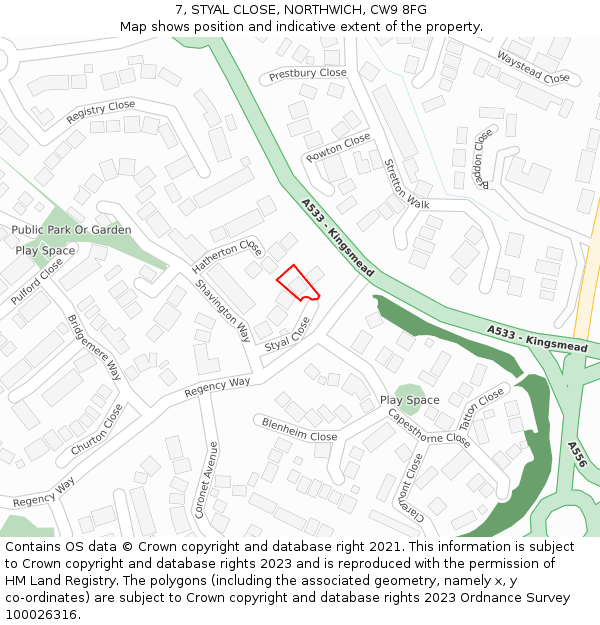 7, STYAL CLOSE, NORTHWICH, CW9 8FG: Location map and indicative extent of plot