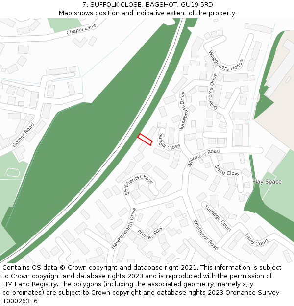 7, SUFFOLK CLOSE, BAGSHOT, GU19 5RD: Location map and indicative extent of plot