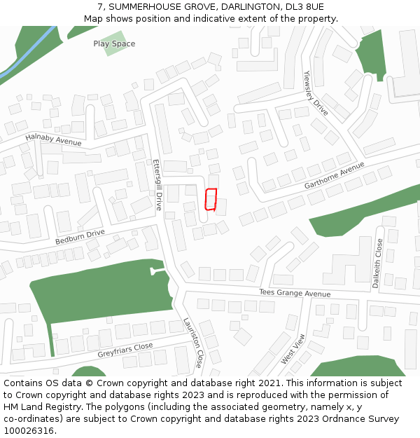 7, SUMMERHOUSE GROVE, DARLINGTON, DL3 8UE: Location map and indicative extent of plot