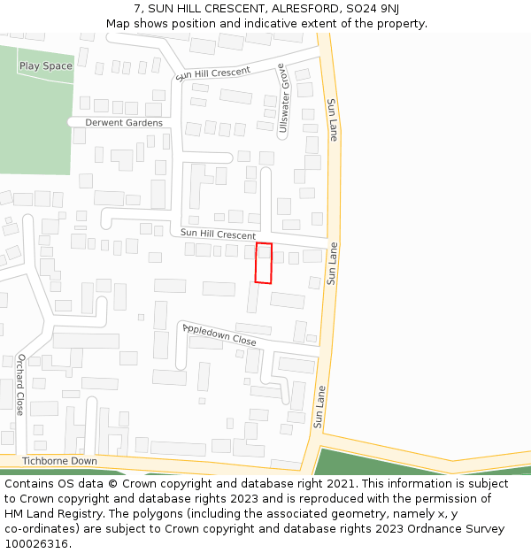 7, SUN HILL CRESCENT, ALRESFORD, SO24 9NJ: Location map and indicative extent of plot