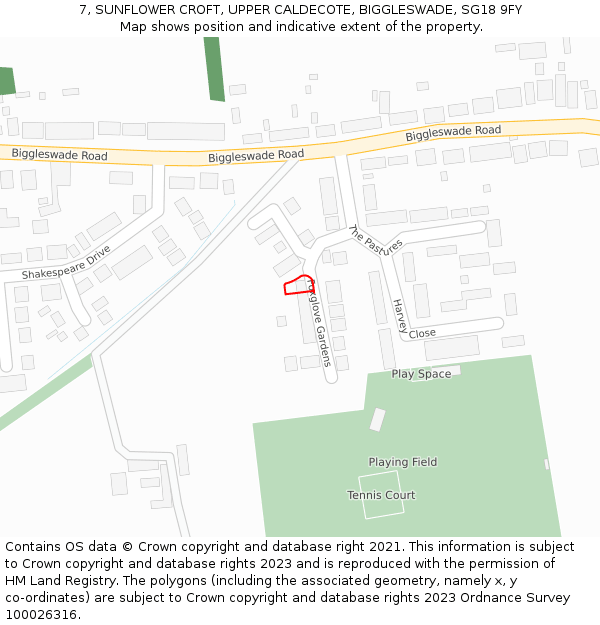 7, SUNFLOWER CROFT, UPPER CALDECOTE, BIGGLESWADE, SG18 9FY: Location map and indicative extent of plot