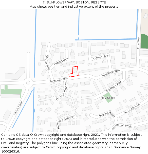 7, SUNFLOWER WAY, BOSTON, PE21 7TE: Location map and indicative extent of plot