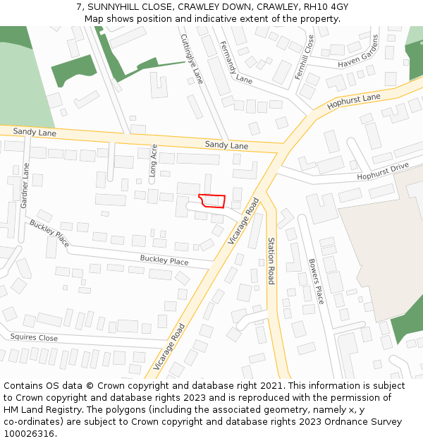 7, SUNNYHILL CLOSE, CRAWLEY DOWN, CRAWLEY, RH10 4GY: Location map and indicative extent of plot